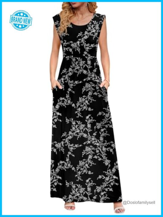 Dresses & Skirts - Cap Sleeve Maxi Dress with Pockets Empire Waist Loose Fit Summer Sundress